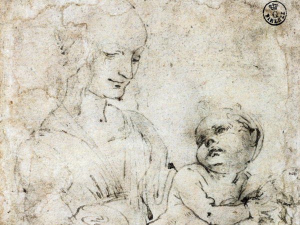 Leonardo Da Vinci, Studio per Madonna del gatto. Penna su carta preparata grigio-rosa, 126 x 109 mm. Firenze, Gabinetto Disegni e Stampe degli Uffizi - Soprintendenza Speciale per il Polo Museale Fiorentino