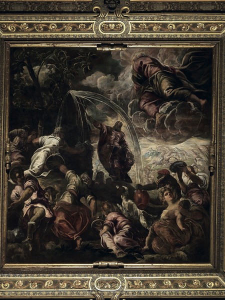 Jacopo Robusti detto Tintoretto, Mosè fa scaturire l'acqua dalla roccia, 1577 520x550 cm, olio su tela, Venezia, Scuola Grande di San Rocco