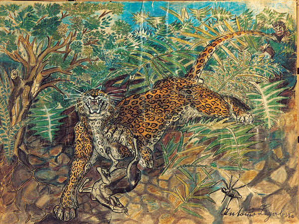Antonio Ligabue, Leopardo con antiope e indigeno, pastello a cera, matita e china su carta, 1939-1952, 48x65,5 cm