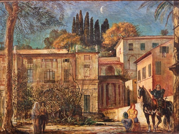 Giorgio de Chirico, La partenza del cavaliere ,1923. Olio su cartone, 49 x 67 cm. Roma, collezione privata