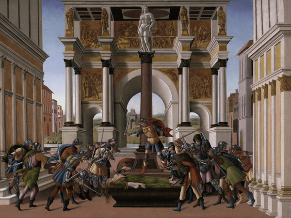 Sandro Botticelli, <em>Storia di Lucrezia</em>,1505 ca., tempera e oro in conchiglia su tavola, cm 83,3 x 176,8, Boston, Isabella Stewart Gardner Museum<br />