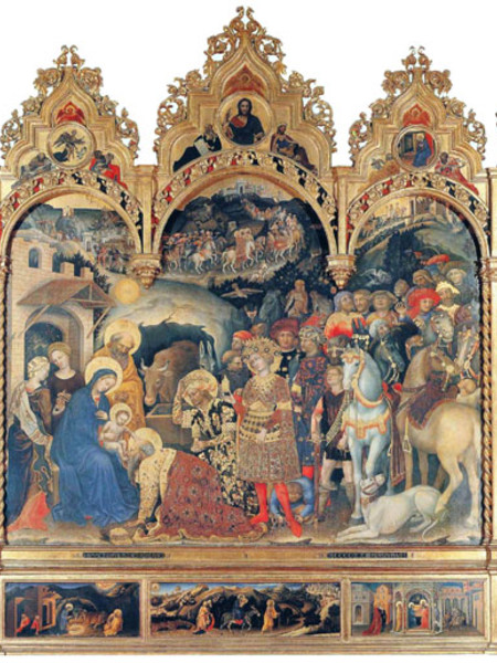 Gentile da Fabriano, Adorazione dei Magi, 1423. Tempera, oro e argento su tavola, cm 300x282. Galleria degli Uffizi, Firenze