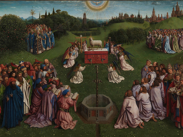 Jan e Hubert van Eyck, L’Adorazione dell’Agnello Mistico, 1432, Dettaglio del pannello centrale della Pala d'altare di Gand aperta con l'Adorazione dell'Agnello, Dopo il restauro, Olio su tavola, Gand, Cattedrale di San Bavone | Courtesy of Saint-Bavo’s Cathedral Ghent © Lukasweb.be-Art in Flanders vzw | Photo: KIK-IRPA