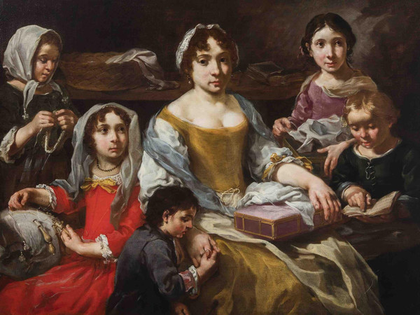 Eberhard Keilhau, detto Monsu' Bernardo, Scuola di ricamo con bambino e giovinetta che legge o scena domestica, 1660-1670 circa. Collezione Gastaldi Rotelli