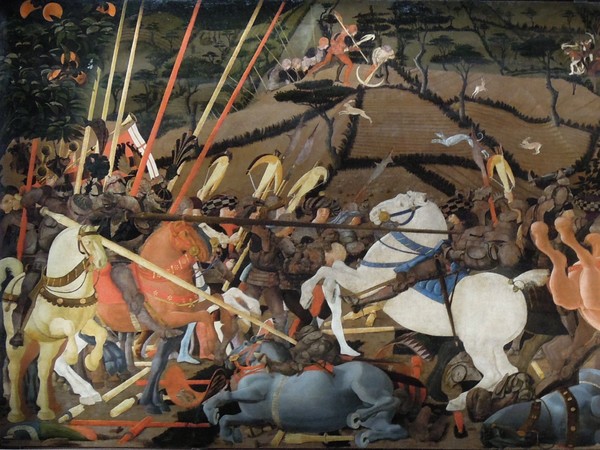Paolo Uccello, Battaglia di San Romano (Disarcionamento di Bernardino della Ciarda, part.), 1438. Tecnica mista su tavola, cm 182×323. Galleria degli Uffizi, Firenze