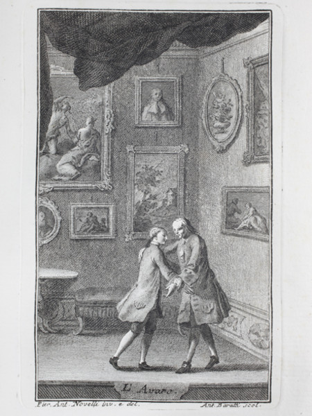 Delle commedie di Carlo Goldoni avvocato veneto (Tomo I), edito da Pasquali, 1761-1780. Illustrazione dell’Avaro di Novelli