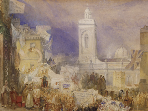 Joseph Mallord William Turner, The Northampton Election, 6 December 1830, 1830-31, Acquerello, guazzo e inchiostro su carta, 438 x 292 mm, Tate: Purchased 2007 | Courtesy of Chiostro del Bramante 2018