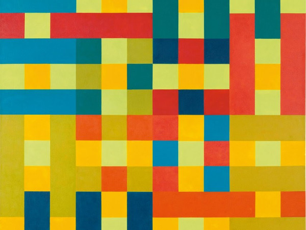 Hedi Mertens, Unità quadrilatere uguali si incontrano in un quadrato centrale, 1969, olio su tela. Collezione privata