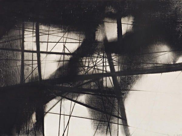 Edmondo Bacci, Fabbrica, 1950, tempera e carboncino su tela, cm.68x100
