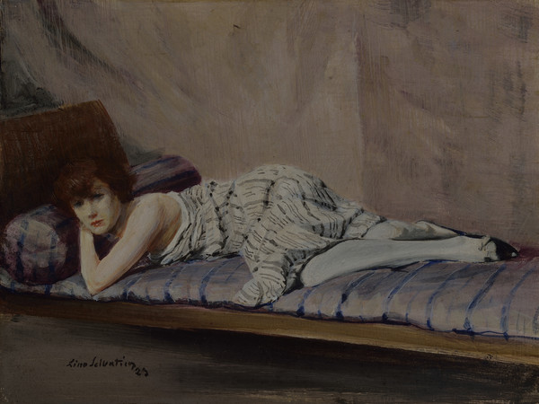 Lino Selvatico, Il guanciale viola, 1923, Olio e tempera su tavola, 32 x 41.5 cm, Collezione privata | 