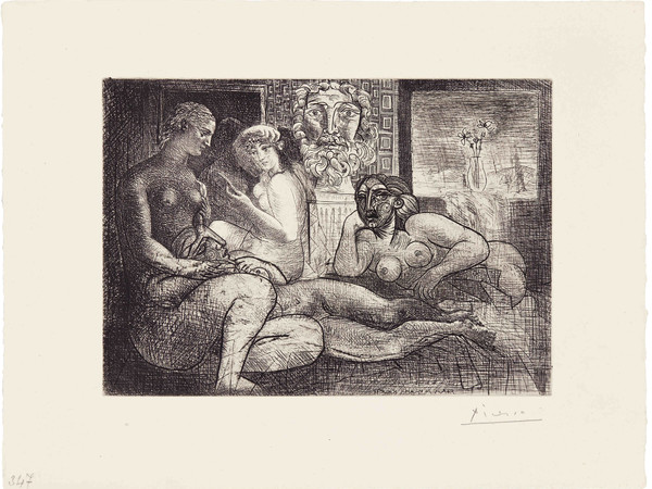 Pablo Picasso, Femmes entre elles avec voyeur sculpté. Clin d'oeil au bain turc, 1934