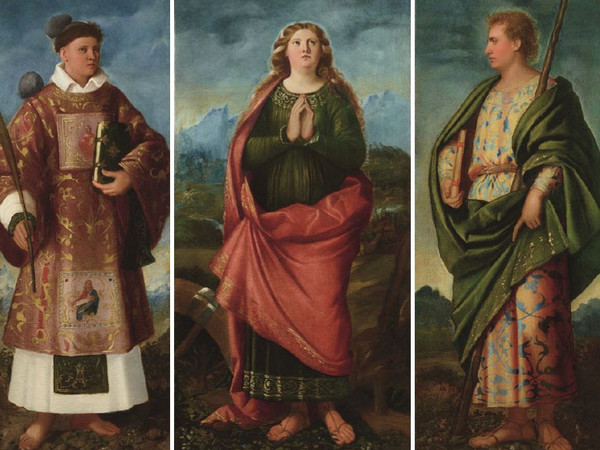 Giovanni Busi detto Cariani, Santo Stefano, Santa Caterina e San Giacomo, 1528-1530 circa, olio su tela