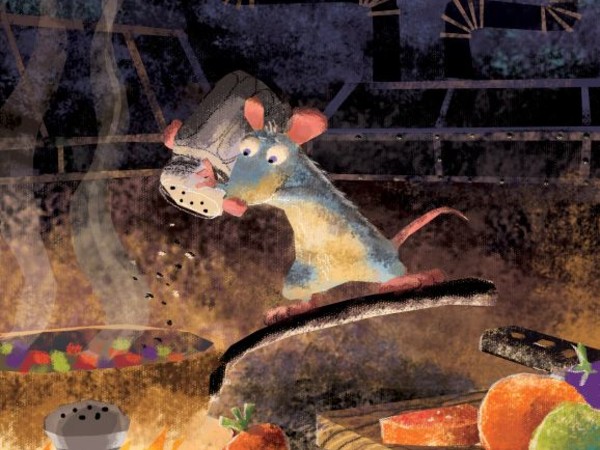 <span>Harley Jessup, layout di Enrico Casarosa, Studio di colorscript: Rémy fa la ratatouille</span><span> | Ratatouille, 2007. Dipinto digitale</span>