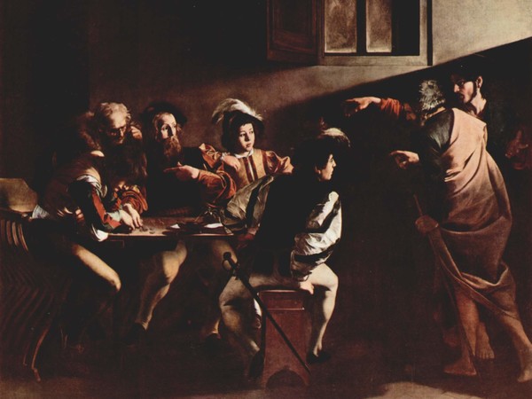 Caravaggio, Vocazione di San Matteo, 1599-1600, Olio su tela, 322 × 340 cm, Roma, Cappella Contarelli, Chiesa di San Luigi dei Francesi