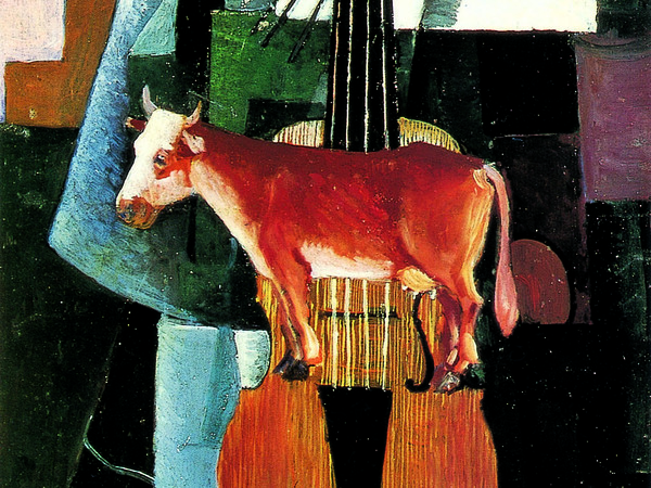 Kazimir Malevič, Mucca e Violino, 1913. Olio su tavola, 48,8x25,8 cm. Museo di Stato Russo, San Pietroburgo
