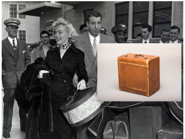 Foto originale stampa e valigia in pelle di Marilyn Monroe con iniziali, usata durante la sua luna di miele nel 1954, Collezione Stampfer | Collage: © Ted Stampfer