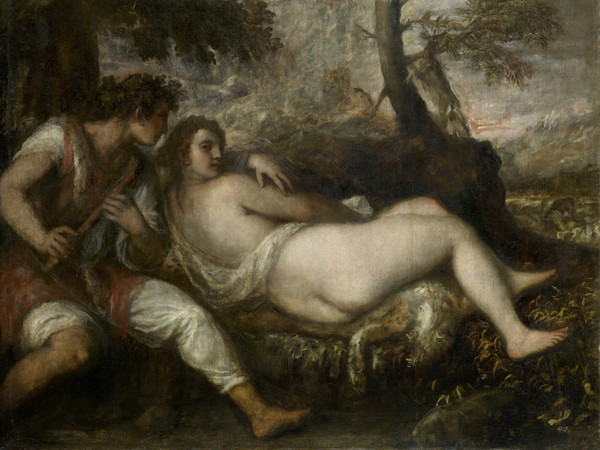 Tiziano Vecellio, Ninfa e pastore, 1570-1575, Olio su tela, 149.6 × 187 cm, Vienna, Kunsthistorisches Museum, Gemaldegalerie | Foto: Coen | © Galleria Borghese