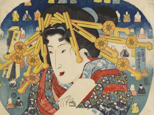 Utagawa Kuniyoshi, Cortigiana, Serie: Le tre dure prove delle donne moderne (Tōsei sanpukutsui), 1833, Silografia policroma (nishikie), 29 x 22 cm, Masao Takashima Collection