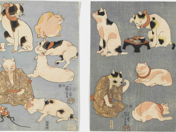 Utagawa Kuniyoshi, Proverbi illustrati [con i gatti] (Tatoe zukushi no uchi), 1852, Silografia policroma (nishikie), 24.4 x 35.2; 24.6 x 35.2; 24.5 x 35.3 cm ciascuno, Masao Takashima Collection