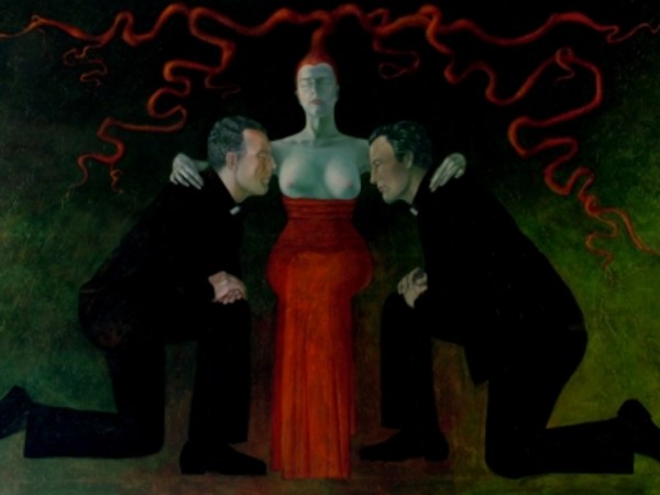 Lolita Timofeeva, <em>Labor alchymicus 1</em>, 2007, tecnica mista su tela, 300 x 200 cm<br />