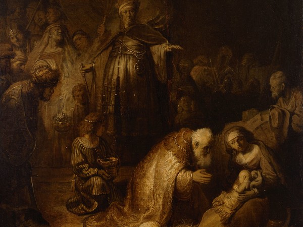 Rembrandt Harmenszoon van Rijn, Adorazione dei Magi, 1632. Olio su carta incollato su tela, 45x39 cm.