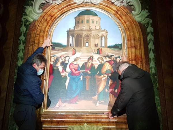 Stampa 3D dello Sposalizio della Vergine di Raffaello, Chiesa di San Francesco, Città di Castello