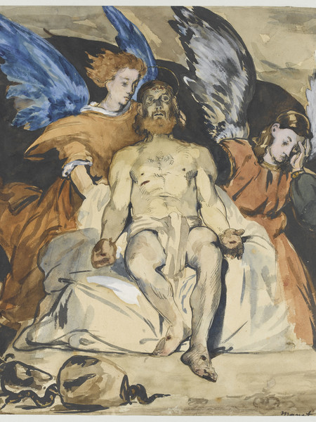 Édouard Manet,  Le Christ aux anges (Cristo morto con gli angeli), 1864, circa mina di piombo, acquerello, gouache, penna a inchiostro di china 32,4x27 cm Parigi, Musée d’Orsay