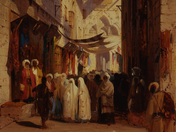 Ippolito Caffi, Cairo: moschea di Hassan, 1844, Olio su cartoncino intelato, 26 x 35 cm, Firmato e datato: Caffi 1844. Moschea Sultan Hassan al Cairo