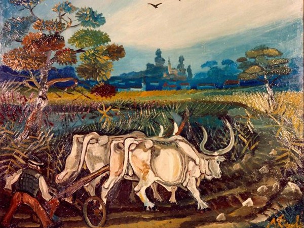 Antonio Ligabue, Aratura con buoi, 1950-55, olio su faesite, 56 x 66 cm.