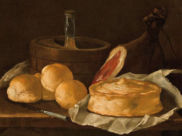 Giuseppe Recco, Natura morta con pani, pasticcio e ghiacciaia, olio su tela. Collezione Molinari Pradelli