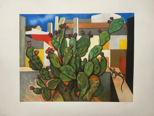 Renato Guttuso, Cactus e lucertola, 1986, cm. 93x123, acquaforte e acquatinta