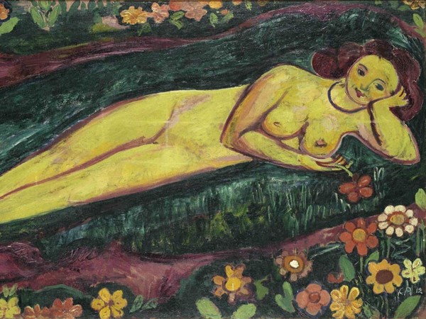 Cuno Amiet, Nudo femminile sdraiato con fiori (Liegender Frauenakt mit Blumen), 1912, Olio su tela, 160.5 x 100 cm, Kunstmuseum Bern, Legat Eduard Gerber, Bern