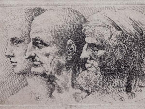 Wenceslao Hollar, <em>Tre profili virili di varie età</em>, 1645, Lamporecchio, Fondazione Rossana & Carlo Pedretti, Acquaforte, 92 x 52 mm (incisione), 94 x 53 mm (impronta), 98 x 60 mm (misure della finestra di montaggio)