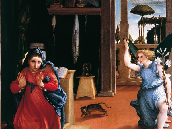 Lorenzo Lotto, Annunciazione, Particolare, 1534 circa, Olio su tela, 114 × 166 cm, Recanati, Villa Colloredo Mels