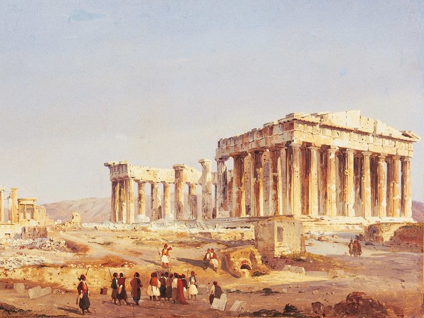 Ippolito Caffi, Il Partenone, 1843, Olio su cartoncino intelato, 78 x 46 cm, Firmato e datato: Caffi pinse l’Acropoli di Atene 1843 | Courtesy Marsilio