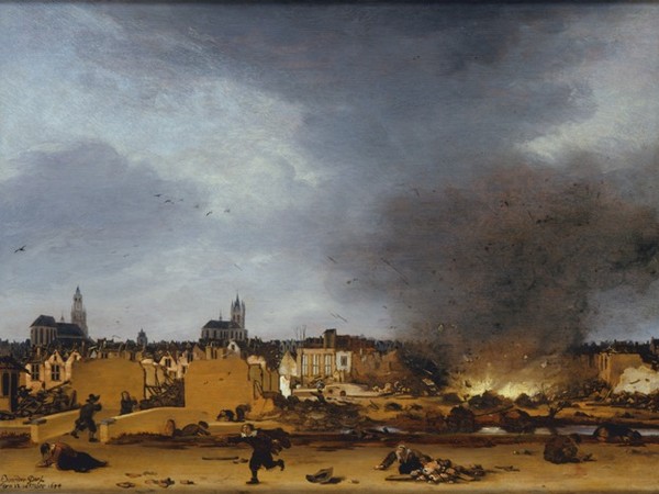 Egbert van der Poel, A view of Delft with the Explosion of 1654, 1654, olio su tavola, 36x49 cm