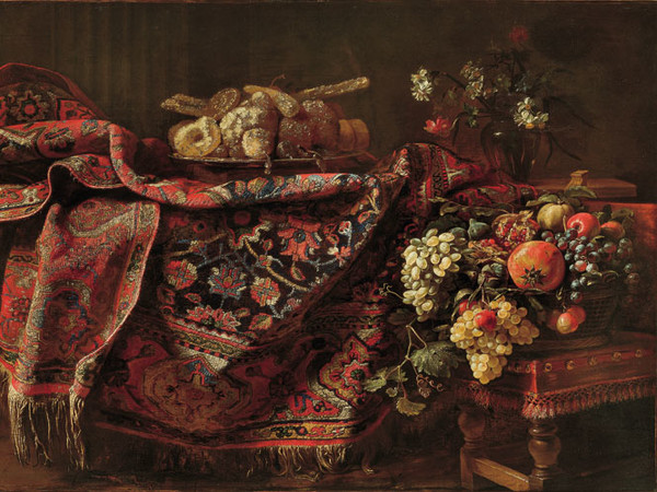 Francesco Noletti, detto il Maltese (La Valletta 1611 circa - Roma 1654), Composizione con tappeto, canditi, cesto di frutta e vaso di fiori, 1650 circa, olio su tela.