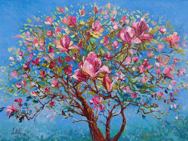 Lada Stukan, Magnolia in fiore, olio su tela, 70x50 cm.