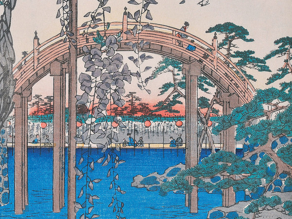 Andō Hiroshige, All'interno del Santuario Kameido Tenjin, Stampa xilografica policroma tratta dalla serie 