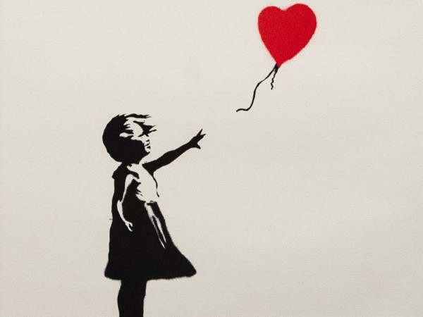 Banksy, <em>Girl With Balloon</em>, 2002, Stencil, Acrilico su carta | Courtesy of Teatro Arcimboldi Arte