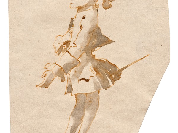 Giambattista Tiepolo, Caricatura di gentiluomo con tricorno sotto il braccio e spadino, penna e inchiostro bruno, inchiostro diluito bruno, mm 199x137. Trieste, Civico Museo Sartorio