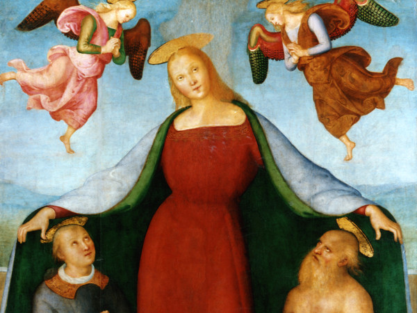 Pietro vannucci, detto Perugino, Madonna della Misericordia con i santi Lorenzo e Girolamo, due angeli e committenti, 1512-1513, Tempera su tavola, 147 x 201 cm, Bettona (Perugia), Pinacoteca Comunale