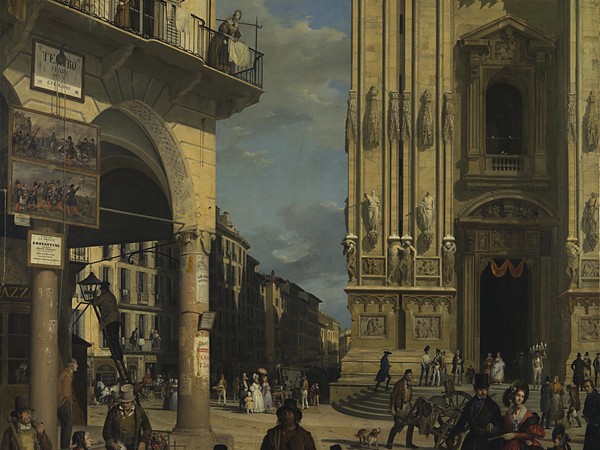 Angelo Inganni, Veduta di Piazza del Duomo con il Coperto dei Figini, 1839, olio su tela (cm 176x138.5)