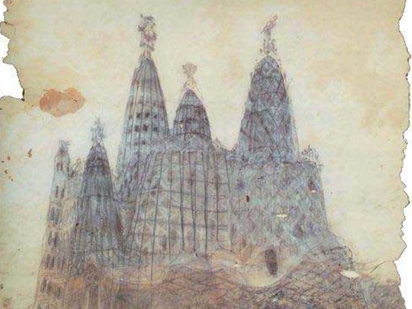 Antoni Gaudí, Chiesa della Colònia Güell, esterno, 1908-10. Carboncino, acquerello e gouache su carta eliografica, mm 610 x 475. Collezione María del Carmen Gómez Navarro