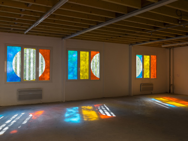 Daniel Buren, 'Trois couleurs sur le Grand Morin', travail in situ, Galleria Continua / Les Moulins, Paris, Octobre 2017, auto-adhesive coloured translucide vinyls, auto-adhesive white vinyls, 50x170 cm. each window