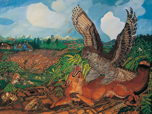 Antonio Ligabue, Volpe con rapace, 1959, Olio su tela, 120 x 150 cm | Courtesy of Fondazione Archivio Antonio Ligabue di Parma 