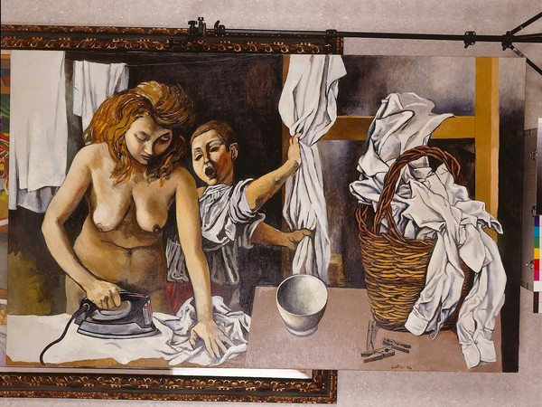 Renato Guttuso (1911-1987), La Stiratrice e il Ragazzo di Caravaggio, 1974, olio su tela, cm 147x225x9