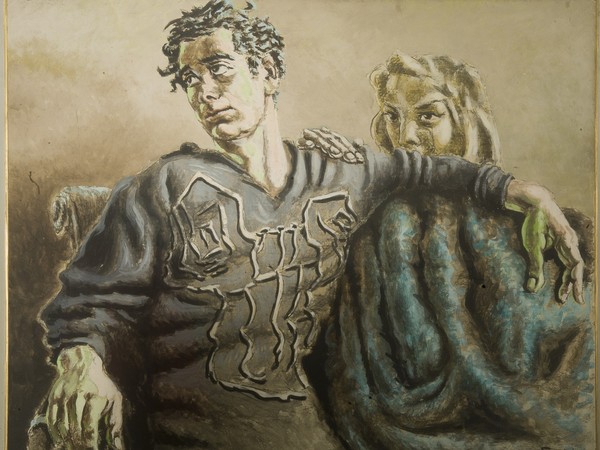 Alberto Savinio, Orfeo e Euridice, 1951, tempera su cartone, cm 80x100. Galleria d'arte moderna di Palazzo Pitti, acquistato alla XXVII° Biennale Internazionale d’Arte della città di Venezia, 1954.