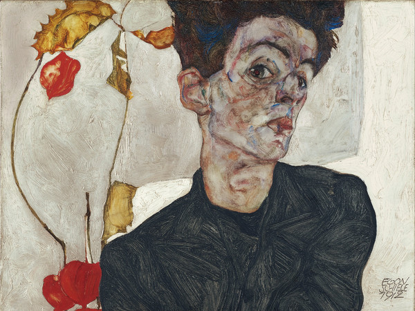 Egon Schiele, Autoritratto con alchechengi, 1912, Olio su tela, 39.8 × 32.2 cm, Vienna, Leopold Museum