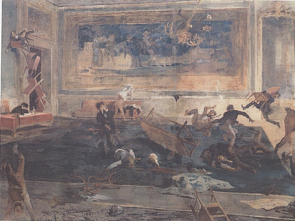 Vespasiano Bignami, Una seduta del comitato ordinatore della presenteindisposizione, 1881, Olio su tela, 97 x 133 cm, Milano, Famiglia artistica milanese